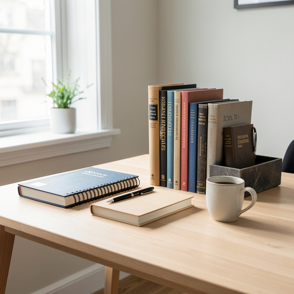 Bright editorial workspace interior — notebooks, reference volumes, and a ceramic coffee cup arranged on a light wooden desk with natural window light