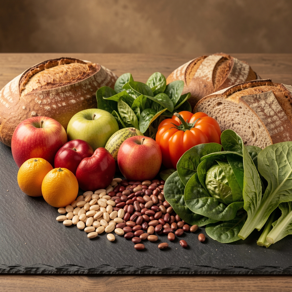 Colourful arrangement of whole fruits, legumes, leafy greens, and whole grain bread loaves laid out on a slate surface under warm studio lighting