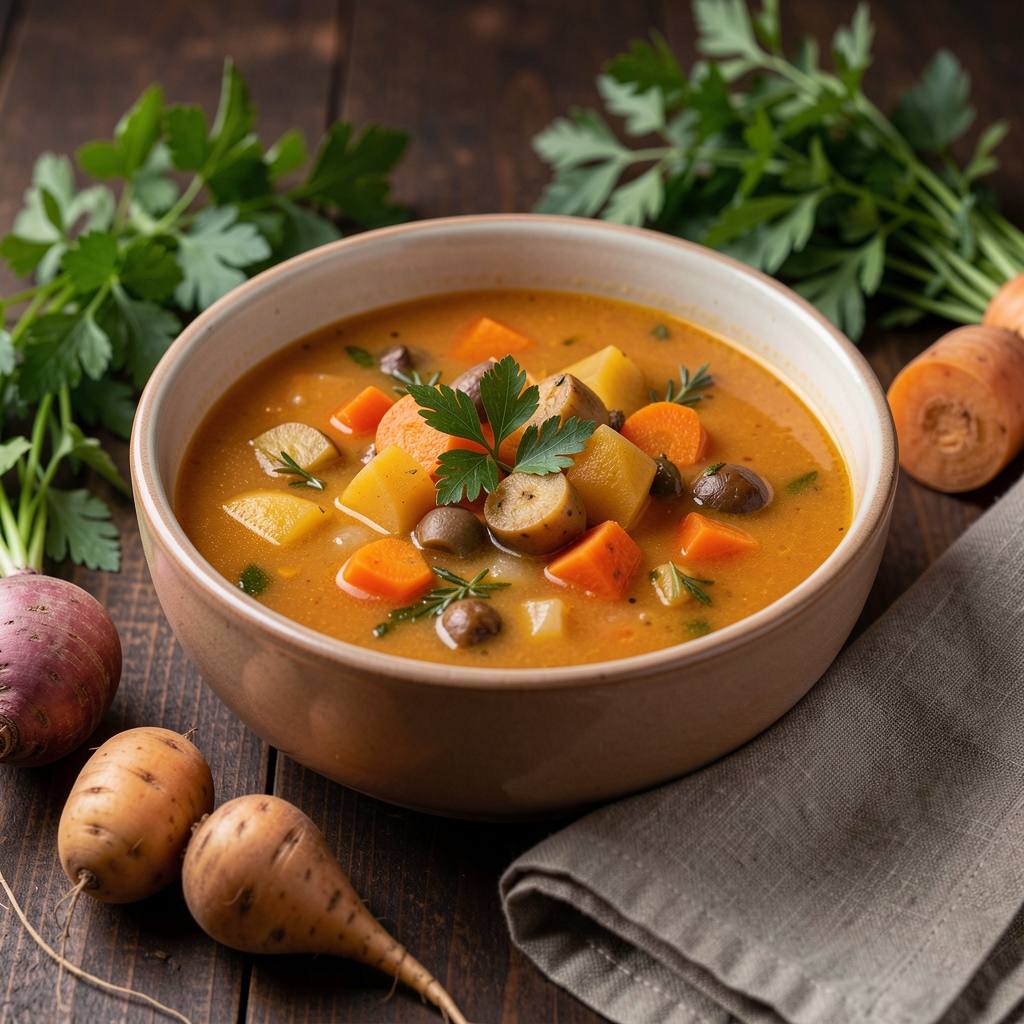 Close-up of a seasonal autumn vegetable soup in a ceramic bowl, surrounded by fresh herbs, root vegetables, and a linen napkin on a dark wooden table