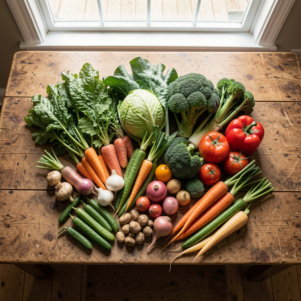 Overhead view of a neatly arranged seasonal vegetable harvest on a worn wooden kitchen table, natural daylight streaming from a window