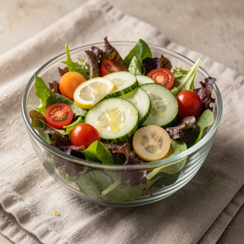 Glass bowl filled with vibrant mixed salad greens, cherry tomatoes, cucumber slices, and a light lemon dressing, set on a linen cloth