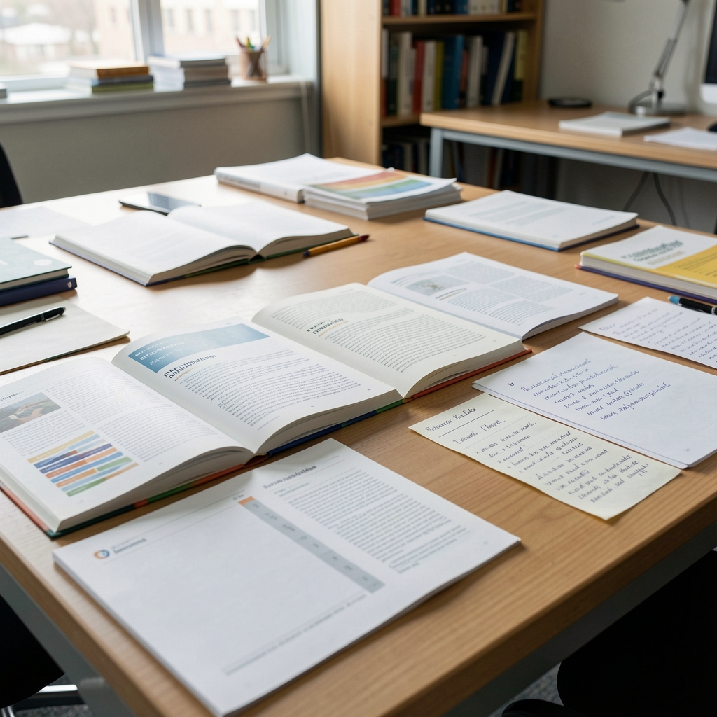 Open research journals, printed dietary guidelines, and handwritten notes spread across a large worktable in a well-lit editorial workspace