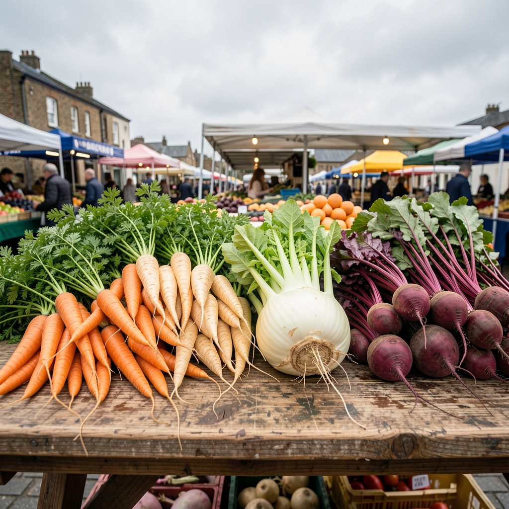 Neatly arranged rows of seasonal root vegetables — carrots, parsnips, celeriac, and beetroots — on a worn wooden market table, daylight from an overcast sky