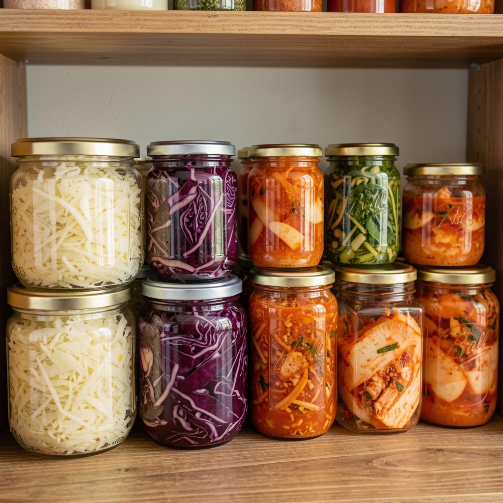 A wide selection of colourful fermented vegetables in glass jars — sauerkraut, pickled red cabbage, and kimchi — arranged on a wooden kitchen shelf