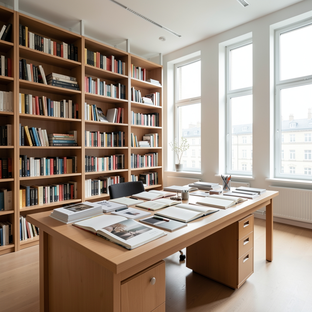 Wide view of a bright editorial office with floor-to-ceiling bookshelves, a large worktable covered in open notebooks and reference materials, and tall windows